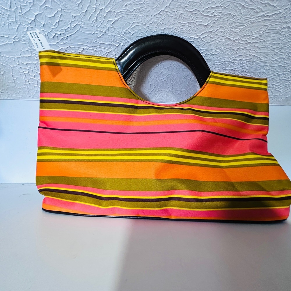 Striped Multi-Color Handbag Pink Orange Green‎ Cutout Handle Bag